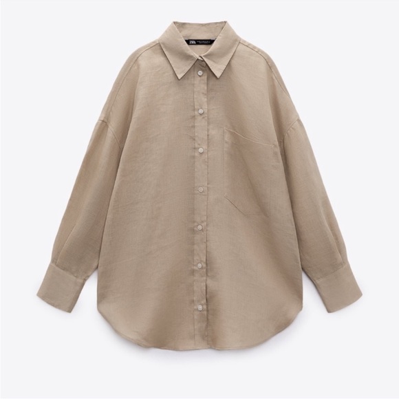 Zara Linen Button-Down Shirt with Pocket in Beige/Tan - Picture 2 of 9